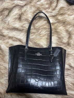 Coach Black Croc-Embossed Leather Shoulder Tote
